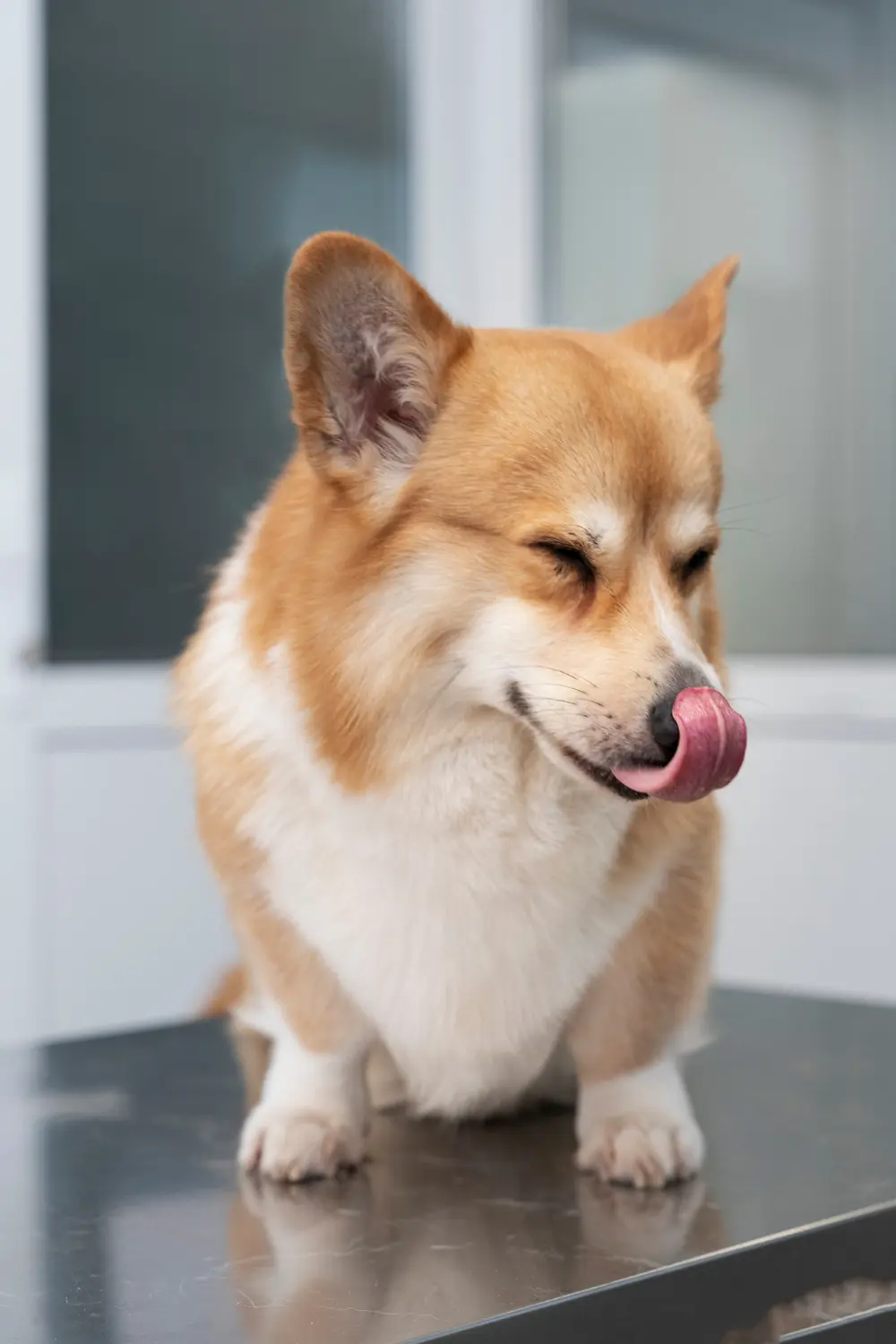 Person caring for dog with paw licking at home