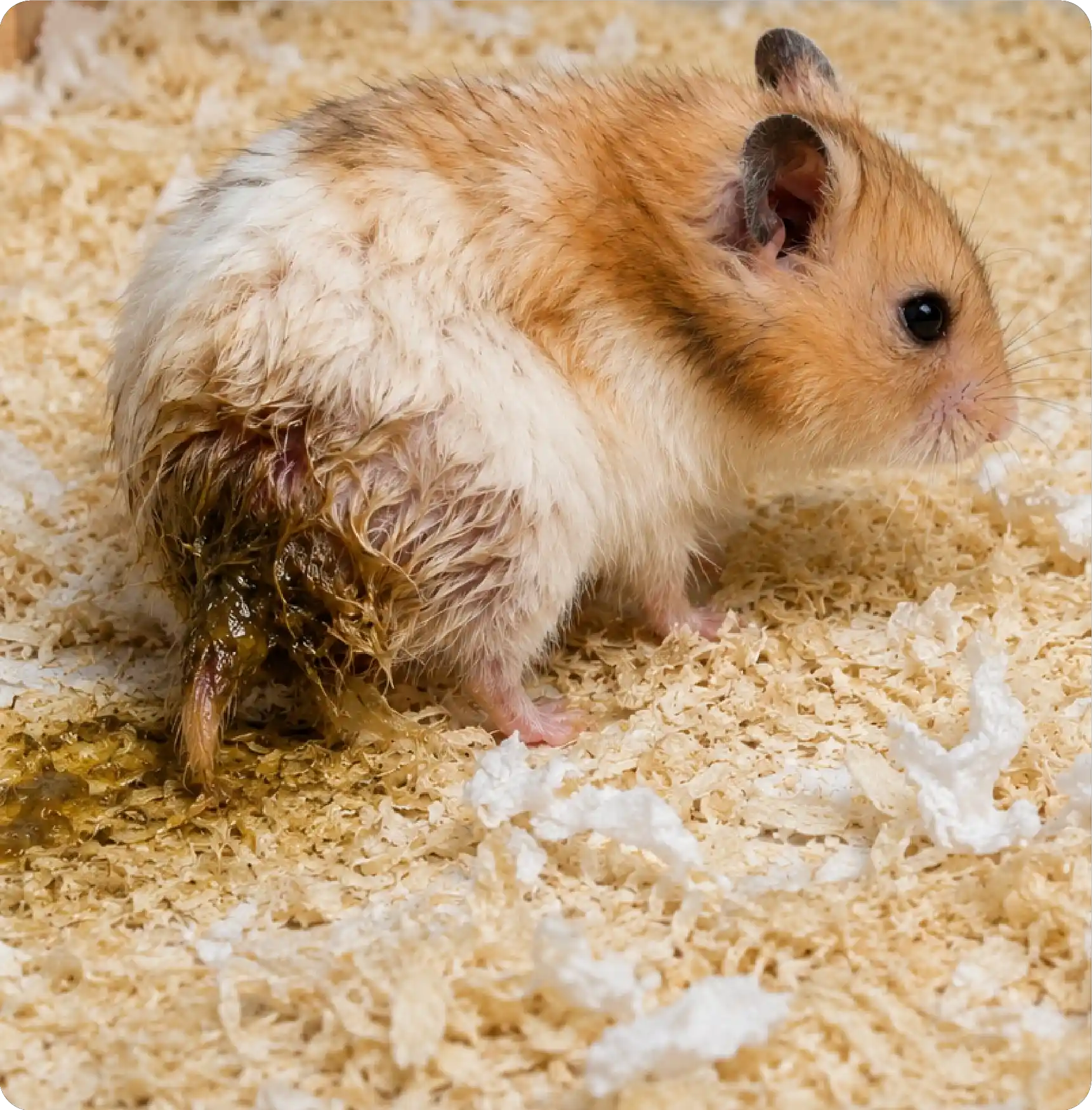 Emergency hamster wet tail including severe diarrhea, dehydration, and hunched posture requiring prompt exotic veterinary care