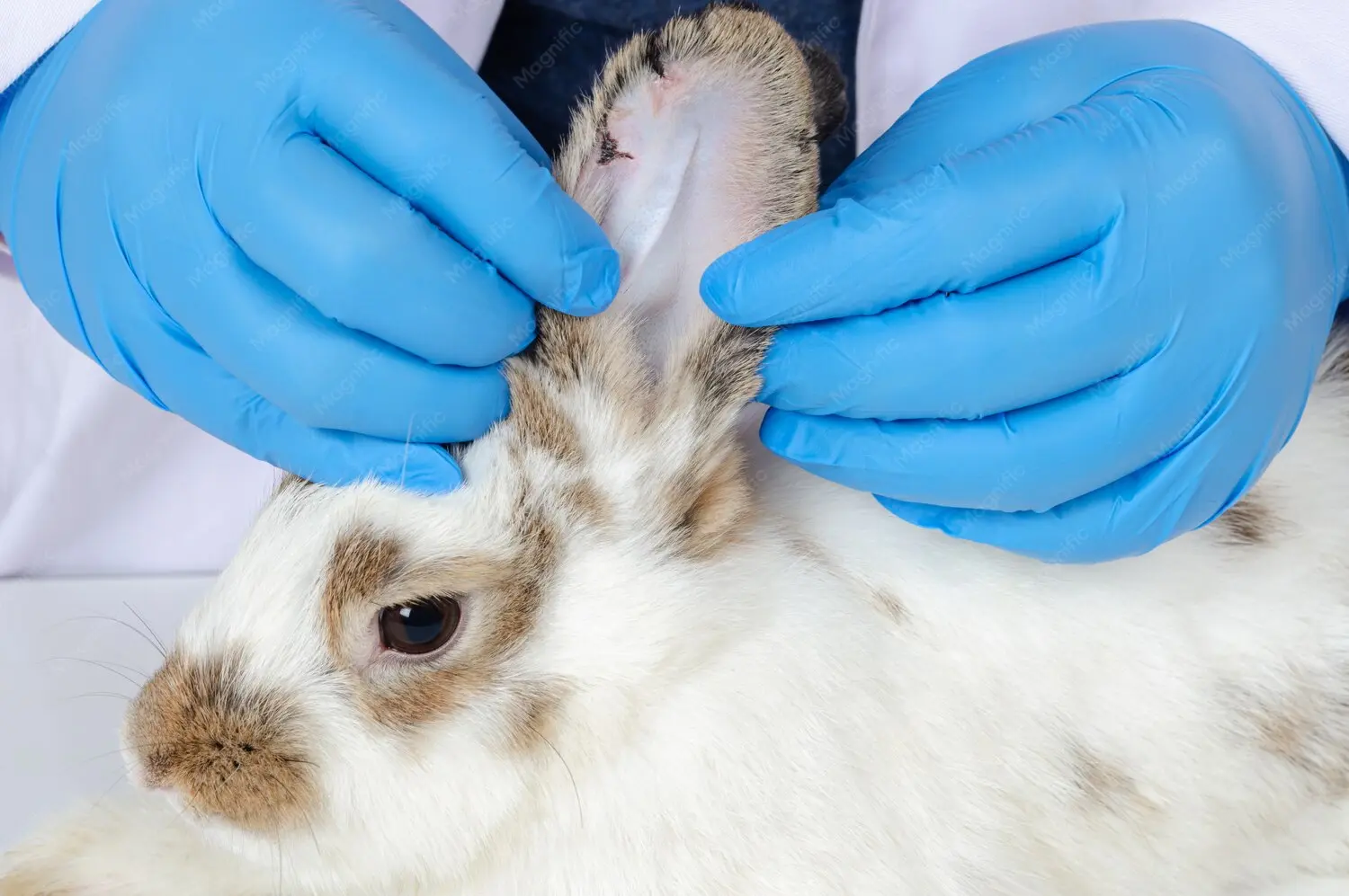 Rabbit with ear mites showing dark crusty debris in the ear canal and head tilt